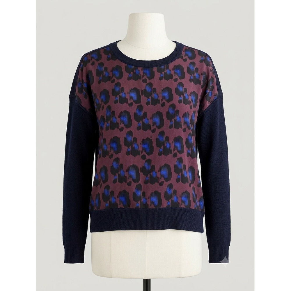J.Crew Mixed Media Leopard Print Sweater Navy Blue Plum Silk Front Pullover